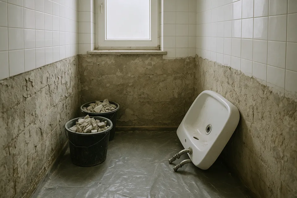 Rückgebautes Bad ohne Fliesen und Sanitärobjekte (Symbolbild)