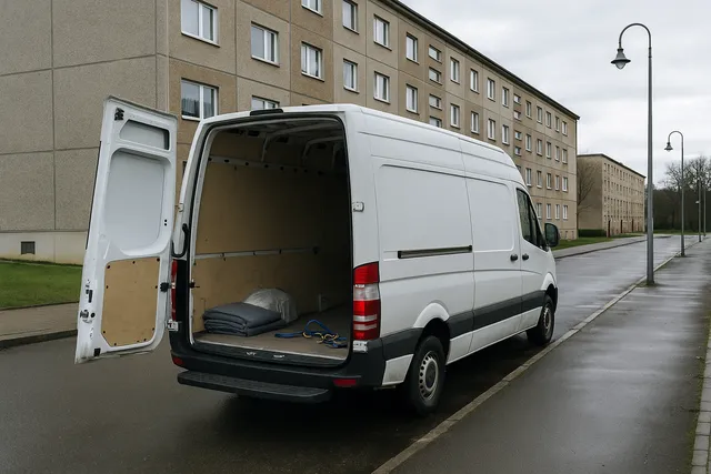 Transporter mit geöffneter Ladefläche vor einem Wohnhaus (Symbolbild)