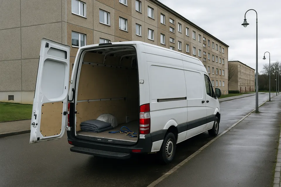 Transporter mit geöffneter Ladefläche vor einem Wohnhaus (Symbolbild)