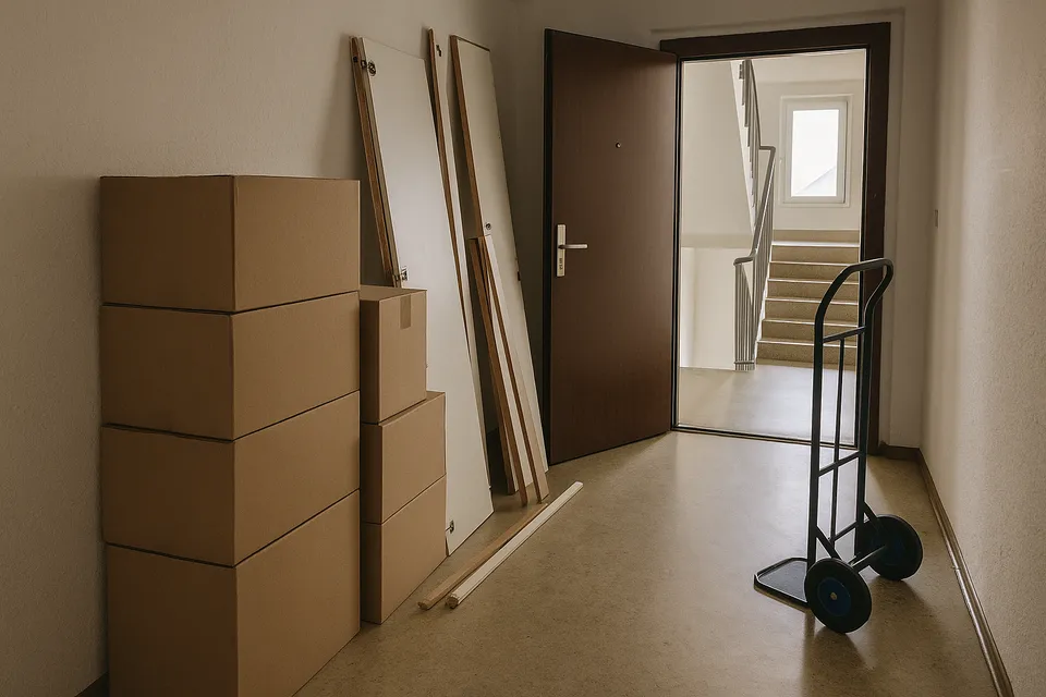 Gepackte Kartons und abgebauter Schrank im Wohnungsflur (Symbolbild)